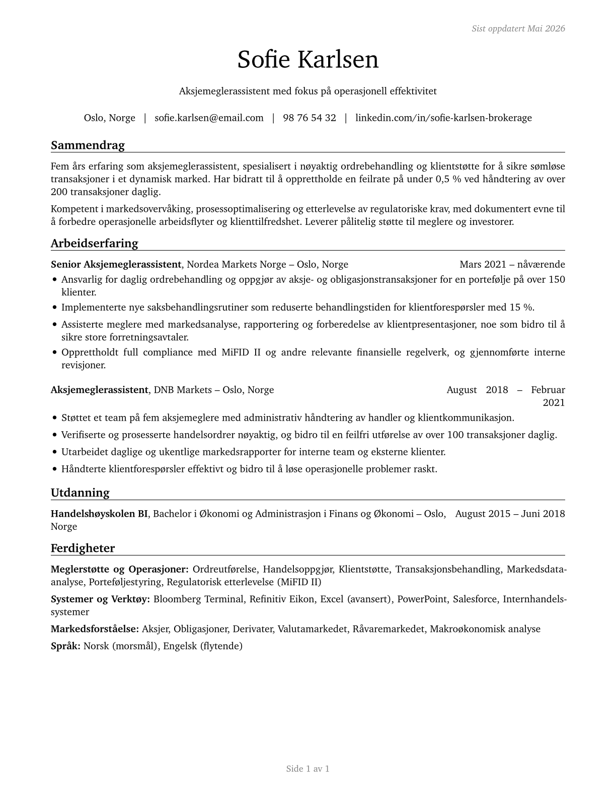 Brokerage Clerks CV in Norwegian_bokmal — page 1