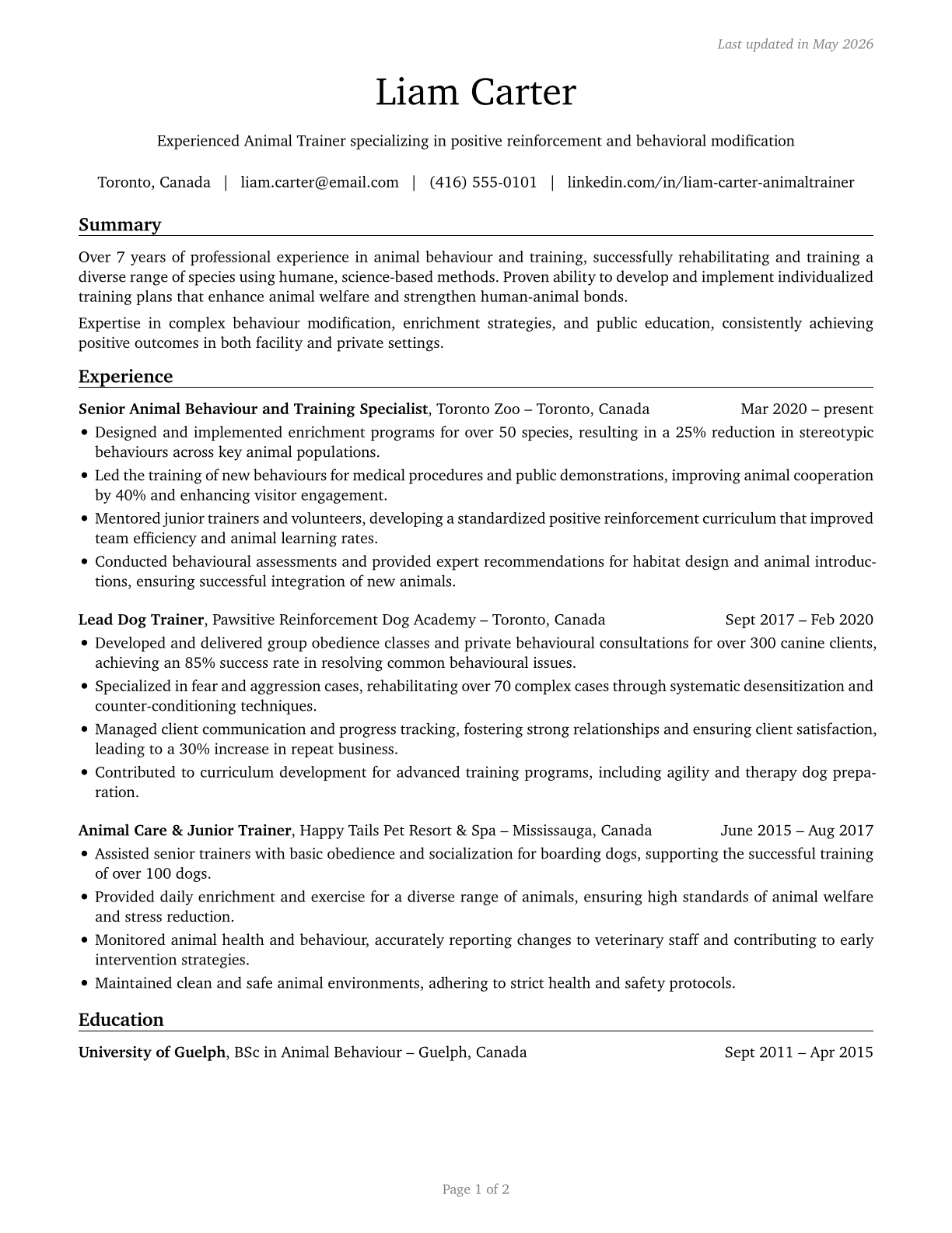 Animal Trainers CV in English — page 1