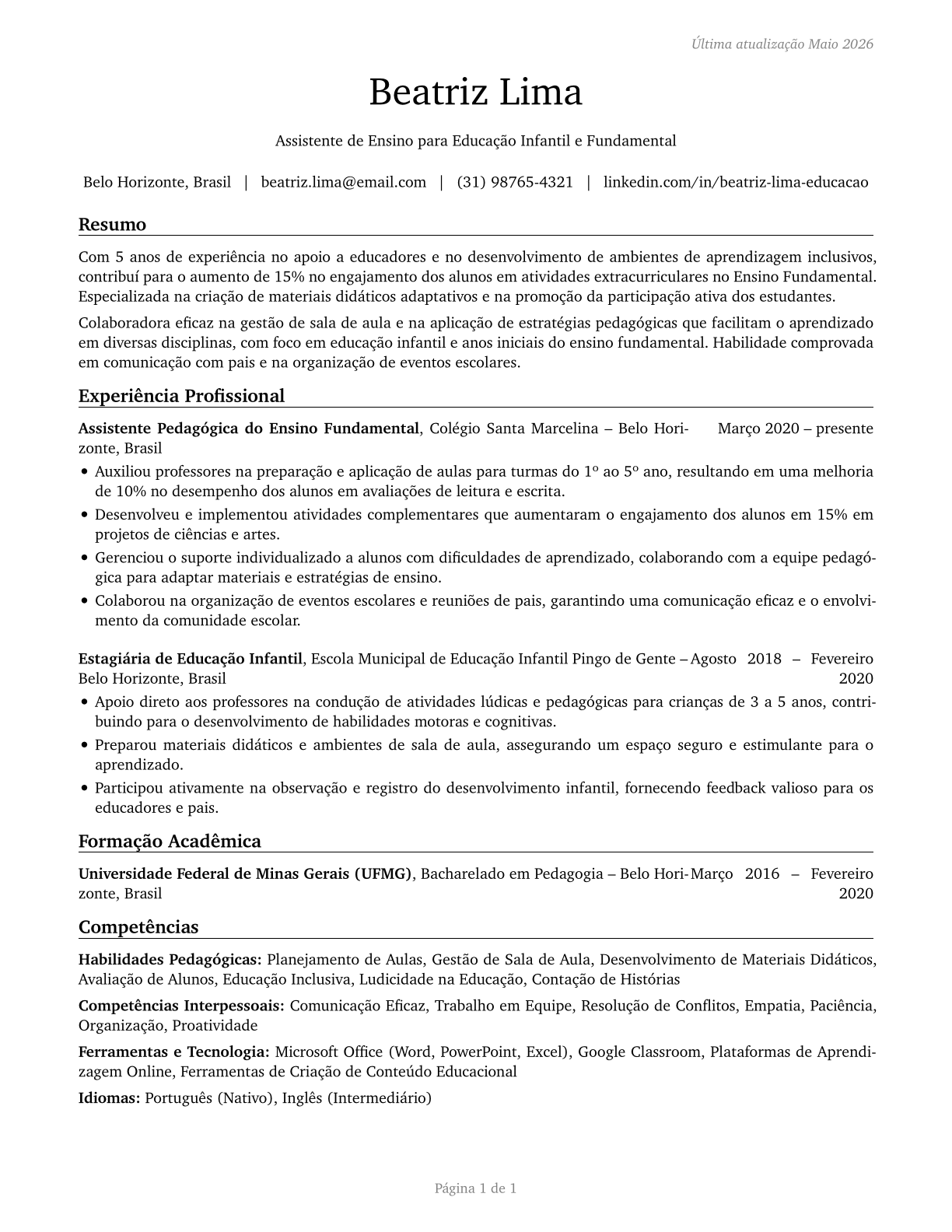 Teaching Assistants, Preschool, Elementary, Middle, and Secondary School, Except Special Education CV in Portuguese — page 1