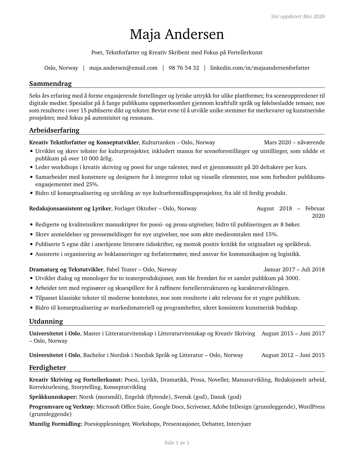 Poets, Lyricists and Creative Writers CV in Norwegian_bokmal — page 1