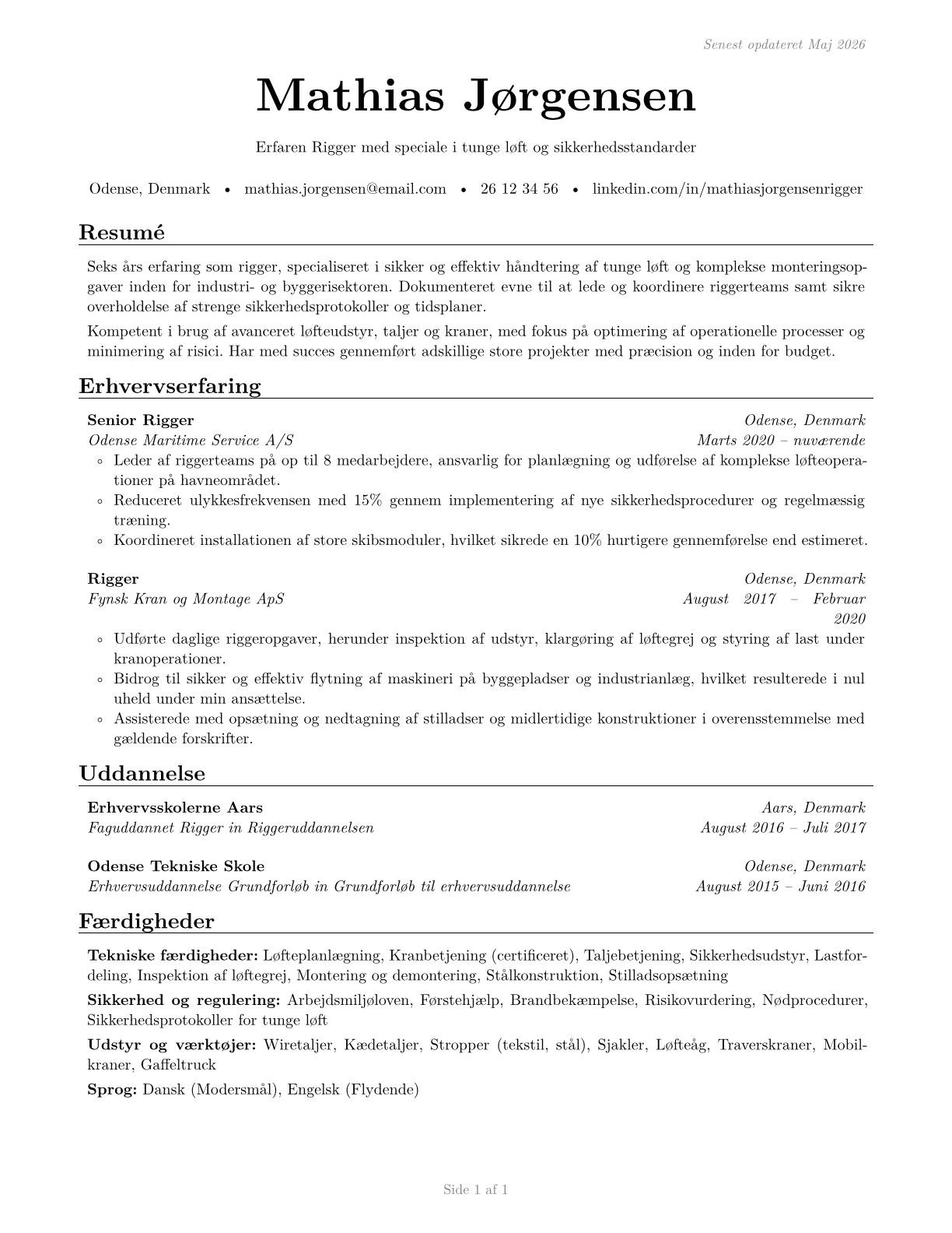 Riggers CV in Danish — page 1