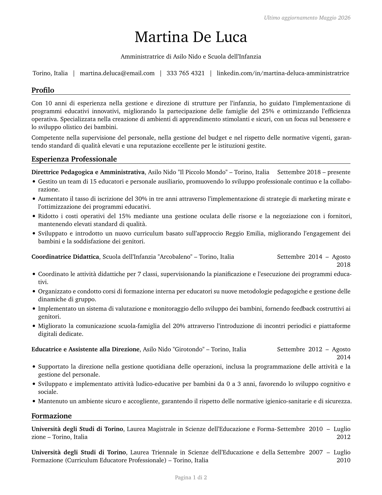Education and Childcare Administrators, Preschool and Daycare CV in Italian — page 1