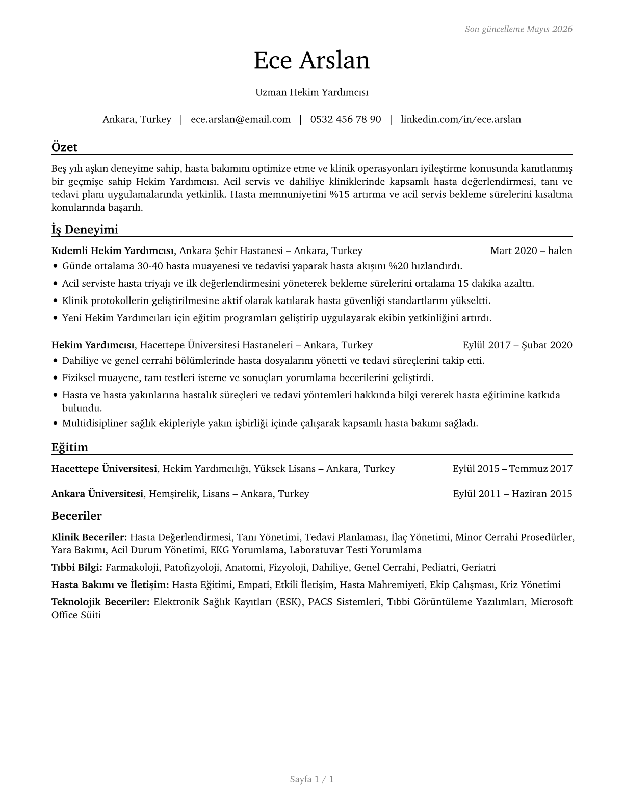 Physician Assistants CV in Turkish — page 1