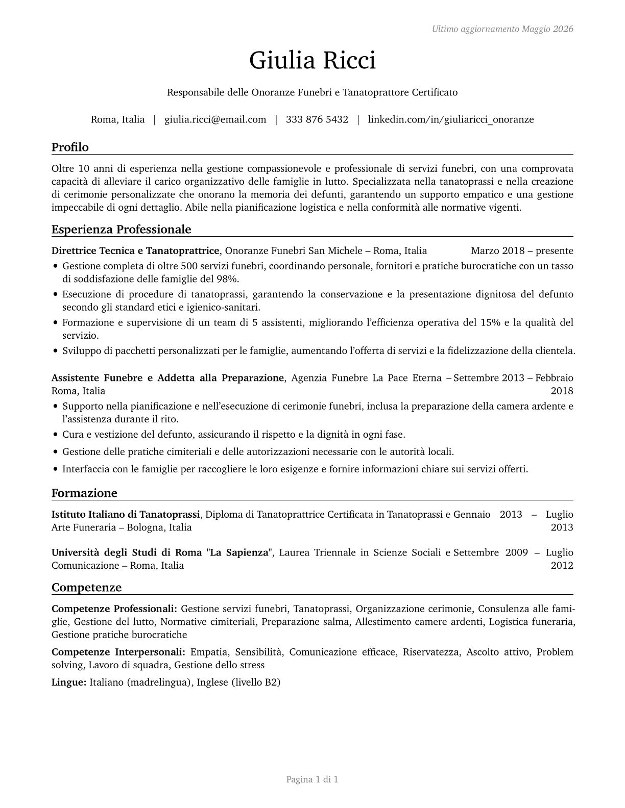 Morticians, Undertakers, and Funeral Arrangers CV in Italian — page 1