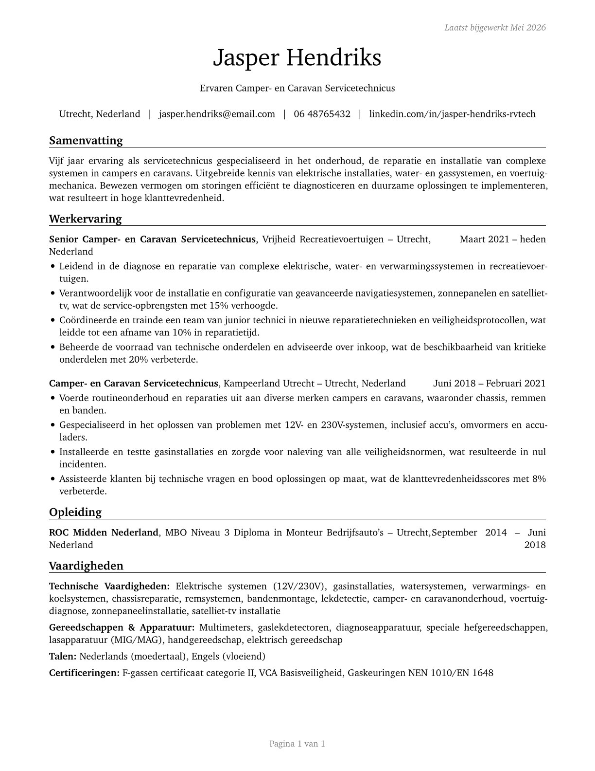 Recreational Vehicle Service Technicians CV in Dutch — page 1