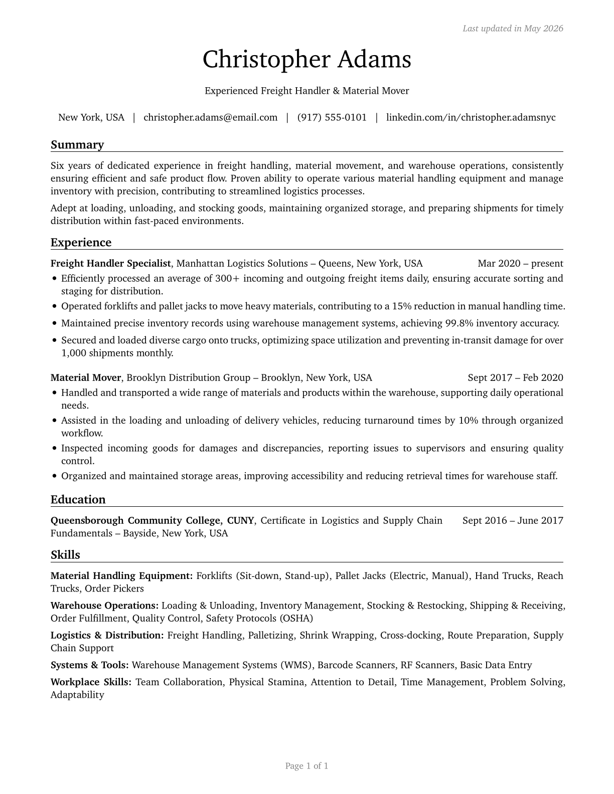 Laborers and Freight, Stock, and Material Movers, Hand CV in English — page 1