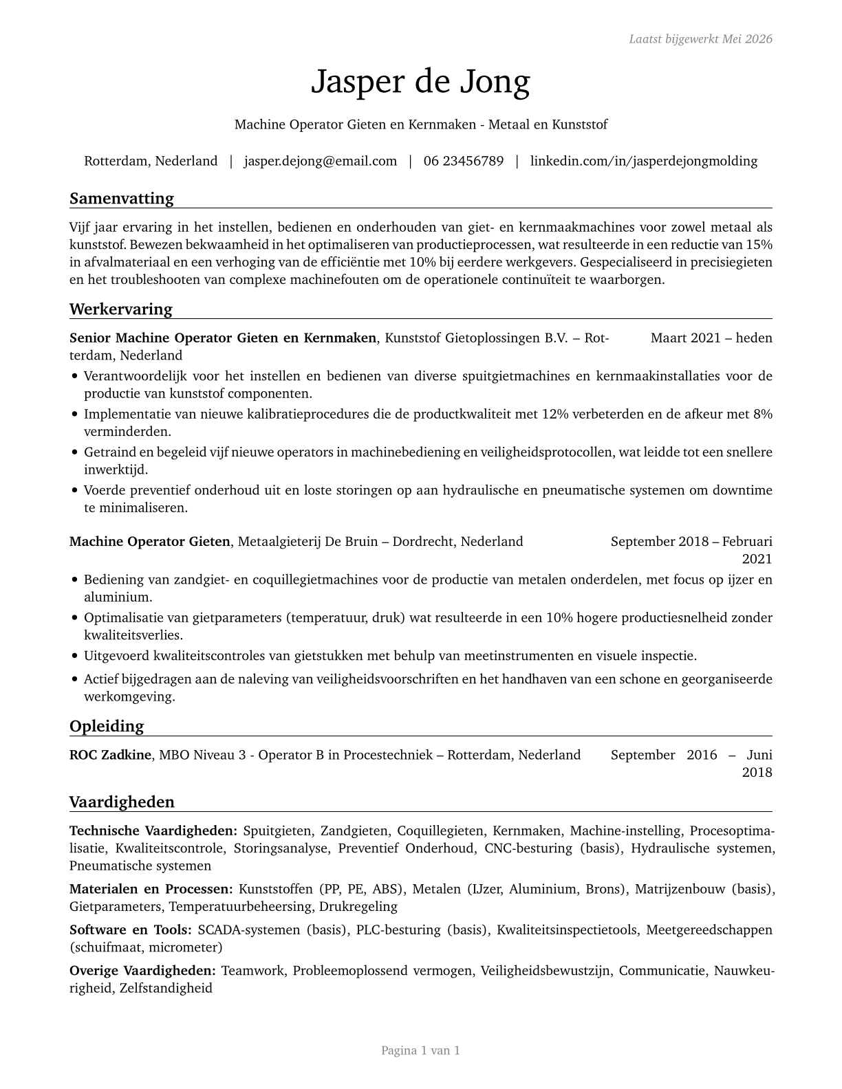 Molding, Coremaking, and Casting Machine Setters, Operators, and Tenders, Metal and Plastic CV in Dutch — page 1