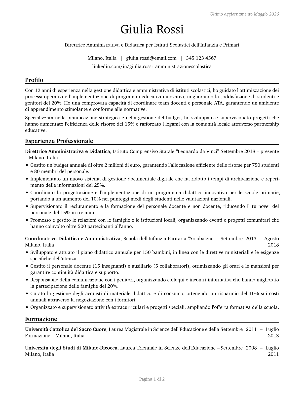 Education Administrators, Kindergarten through Secondary CV in Italian — page 1