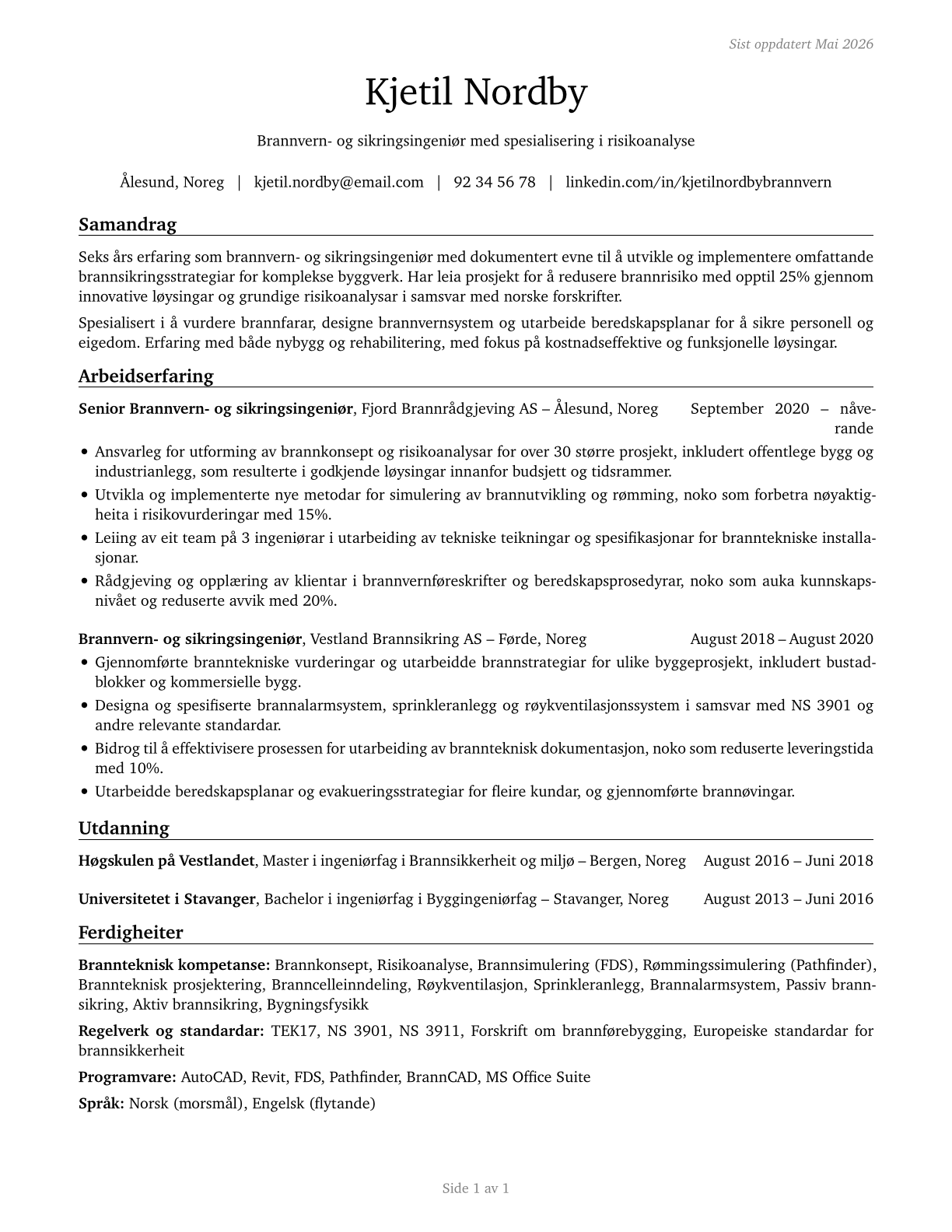 Fire-Prevention and Protection Engineers CV in Norwegian_nynorsk — page 1