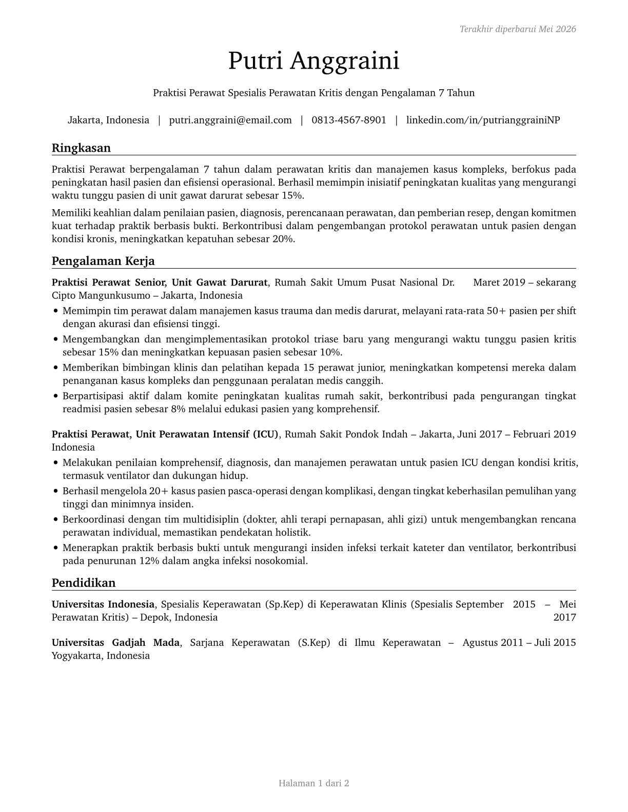 Nurse Practitioners CV in Indonesian — page 1