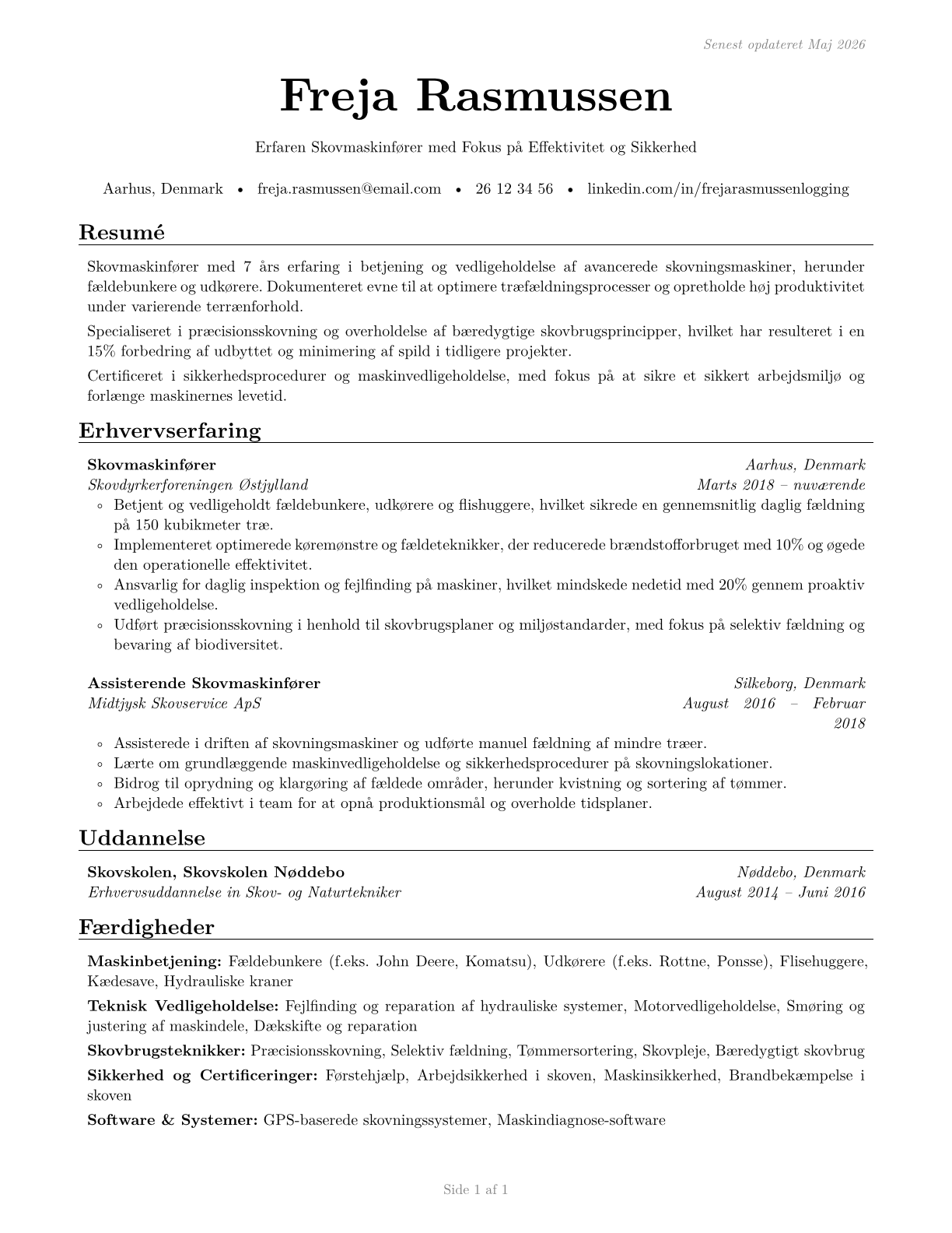 Logging Equipment Operators CV in Danish — page 1