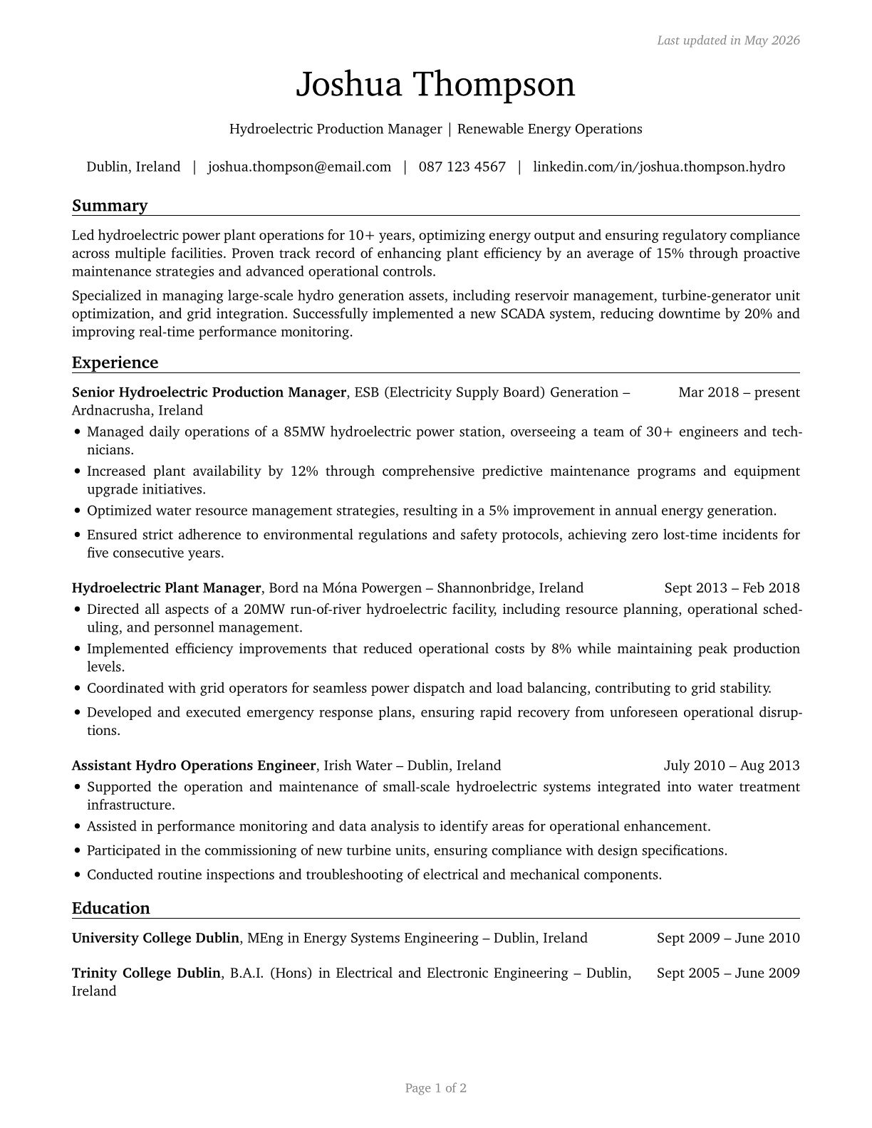 Hydroelectric Production Managers CV in English — page 1