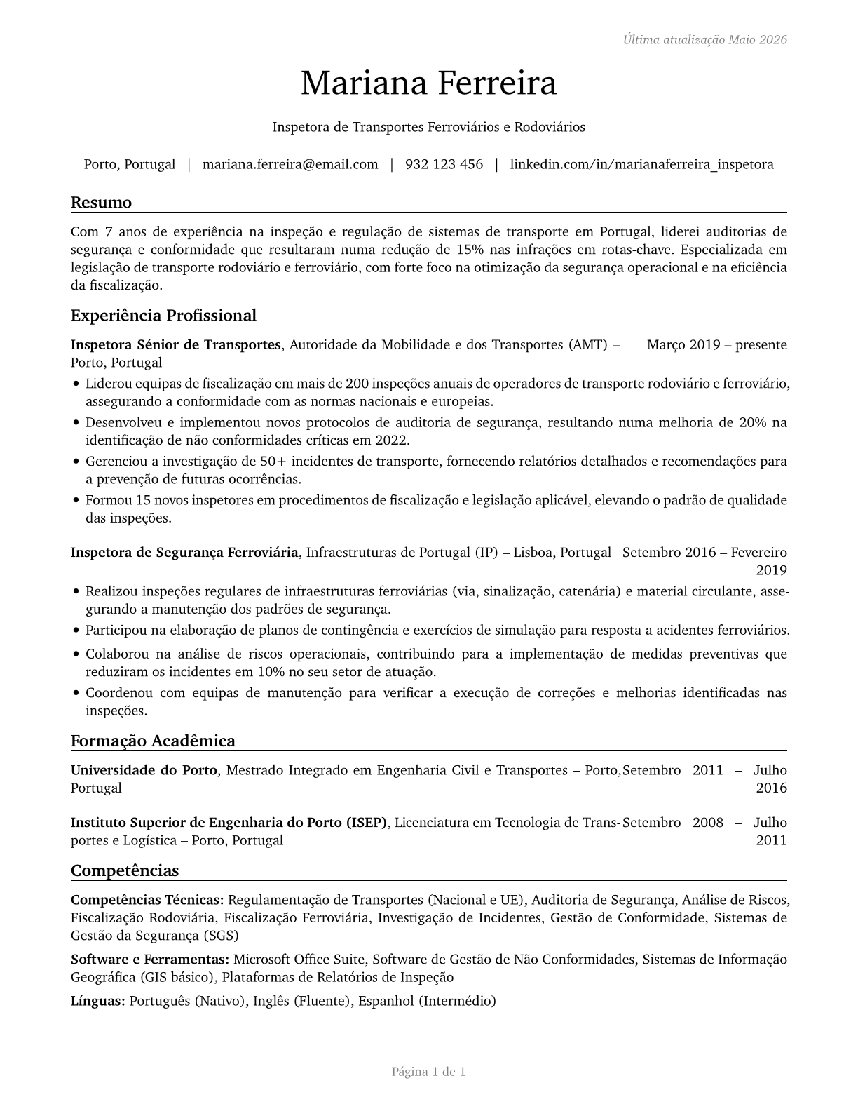 Transportation Inspectors CV in Portuguese — page 1