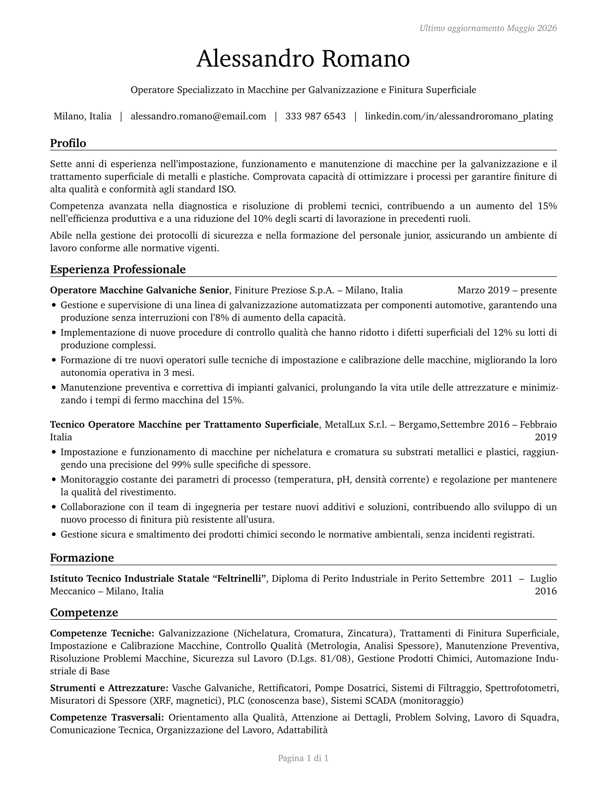 Plating Machine Setters, Operators, and Tenders, Metal and Plastic CV in Italian — page 1