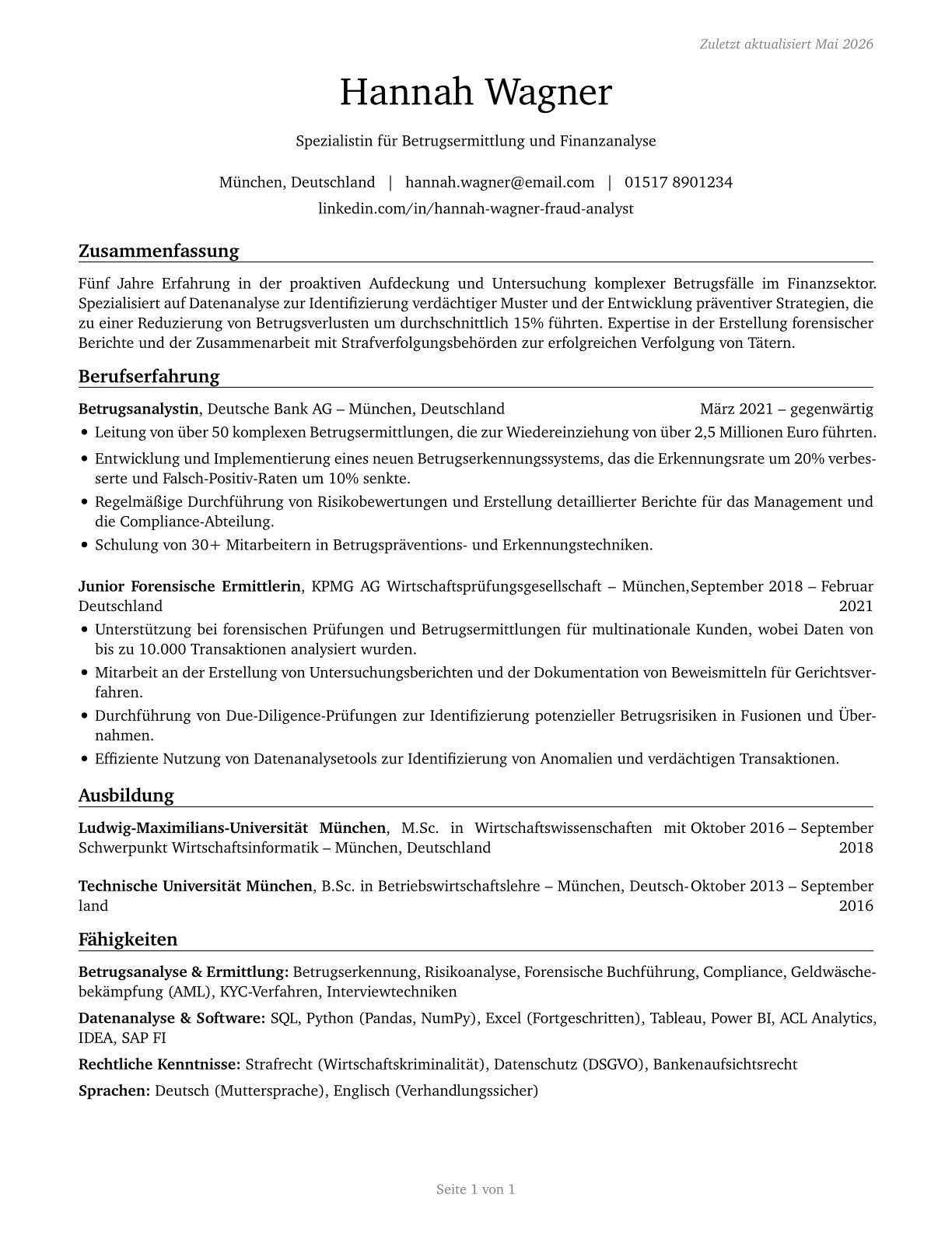 Fraud Examiners, Investigators and Analysts CV in German — page 1