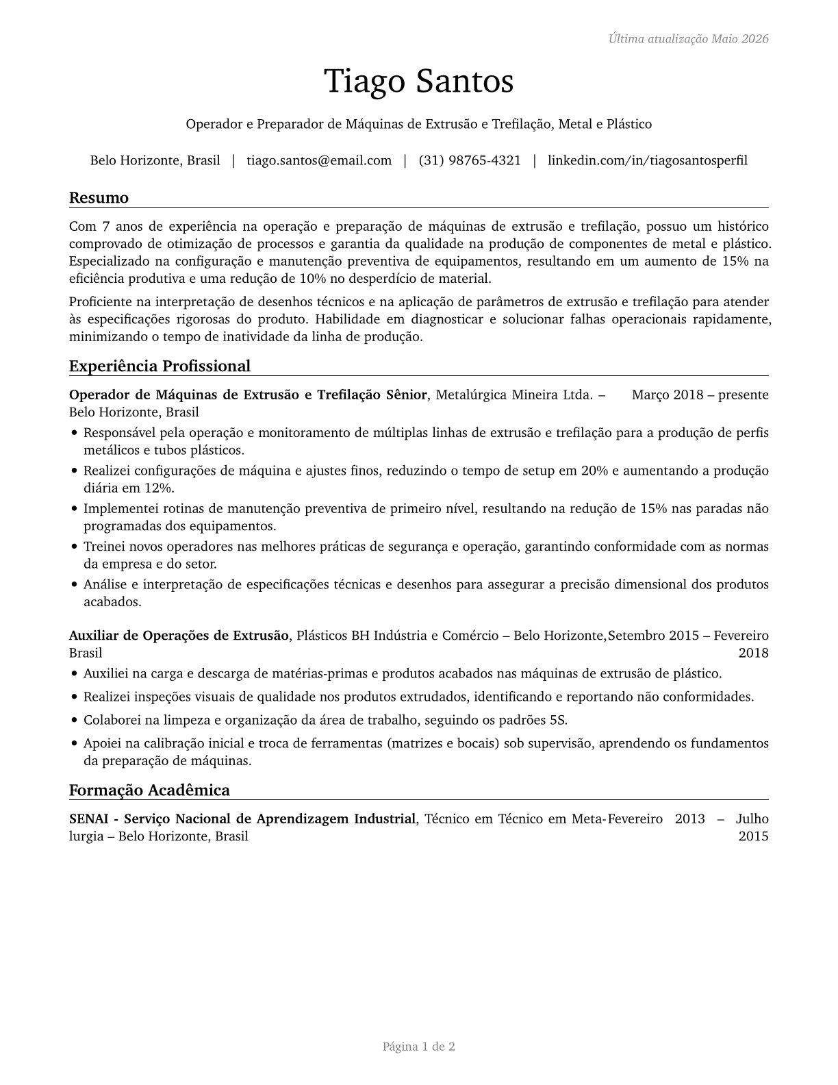 Extruding and Drawing Machine Setters, Operators, and Tenders, Metal and Plastic CV in Portuguese — page 1