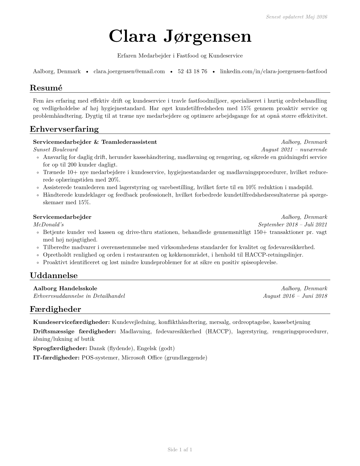 Fast Food and Counter Workers CV in Danish — page 1