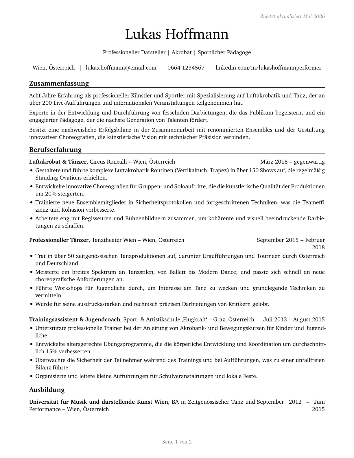 Entertainers and Performers, Sports and Related Workers, All Other CV in German — page 1