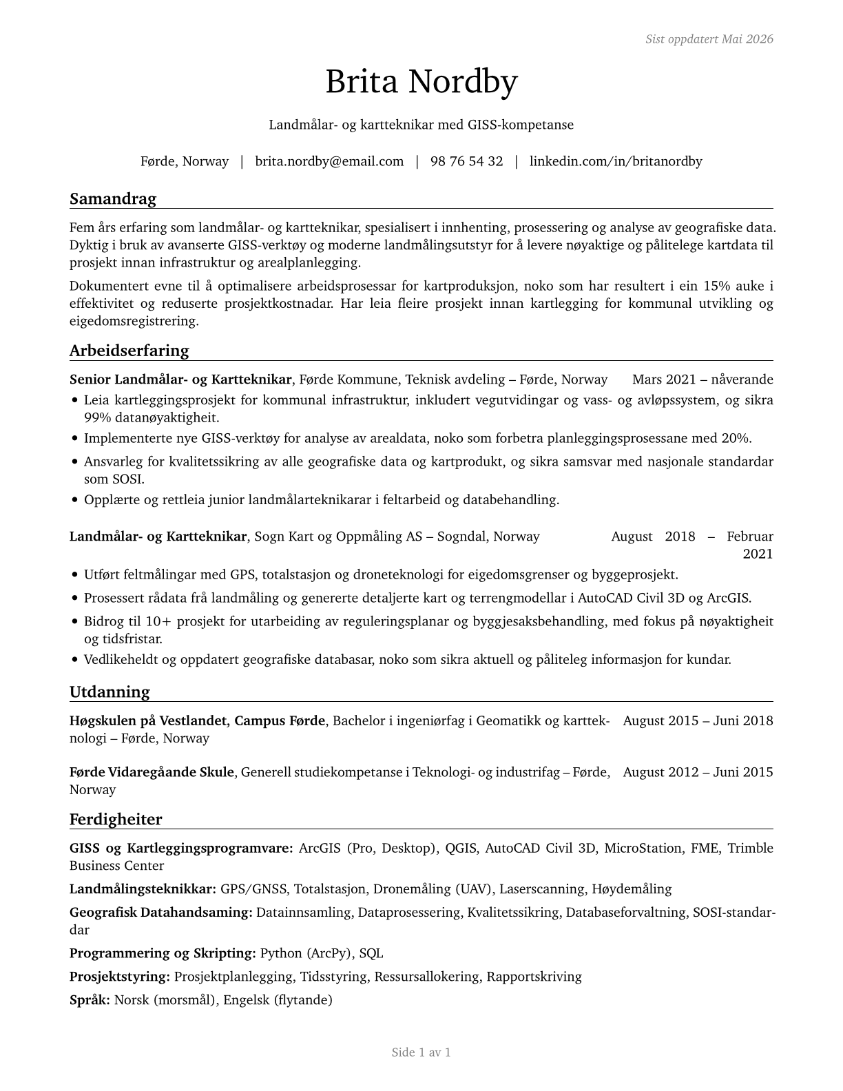 Surveying and Mapping Technicians CV in Norwegian_nynorsk — page 1