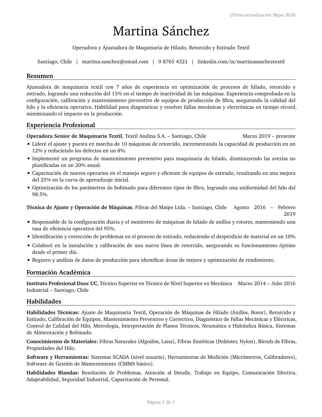 Textile Winding, Twisting, and Drawing Out Machine Setters, Operators, and Tenders CV in Spanish — page 1