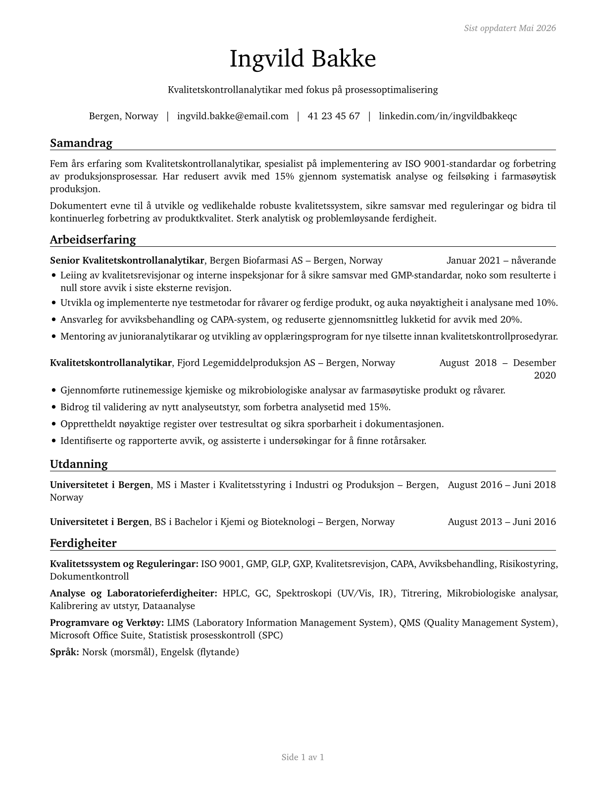 Quality Control Analysts CV in Norwegian_nynorsk — page 1