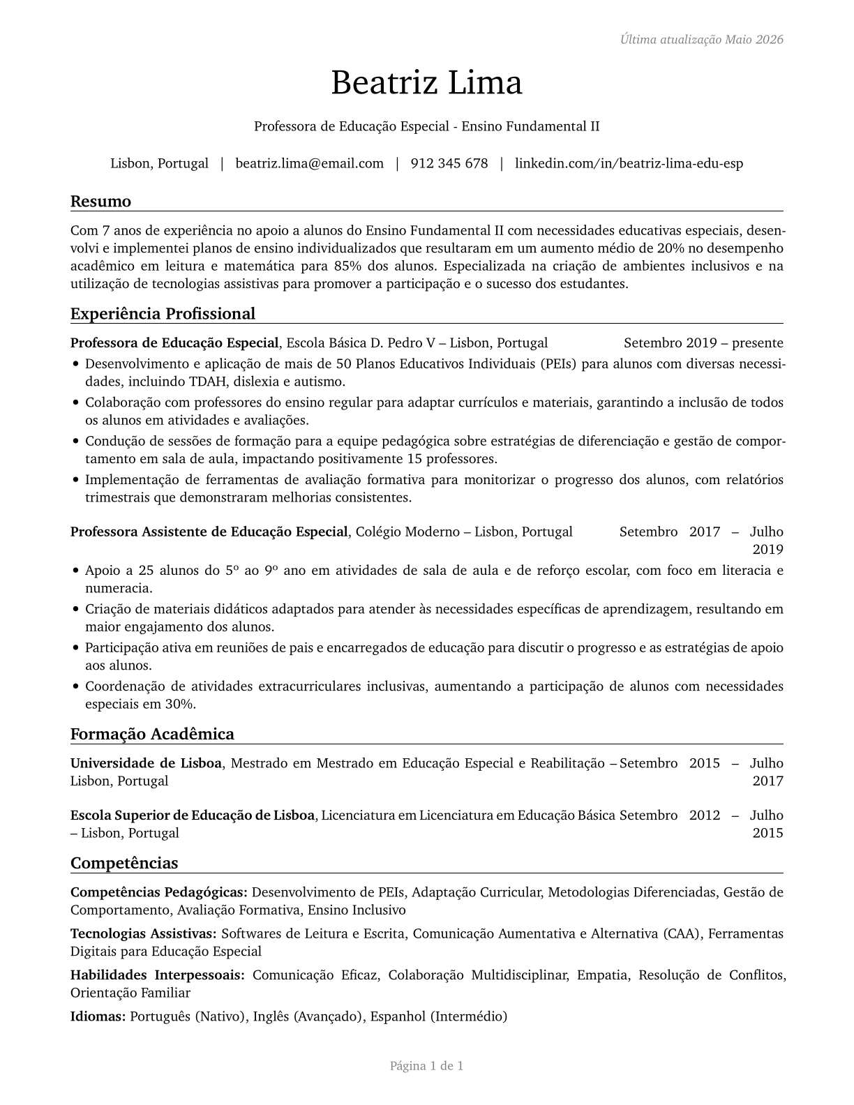 Special Education Teachers, Middle School CV in Portuguese — page 1