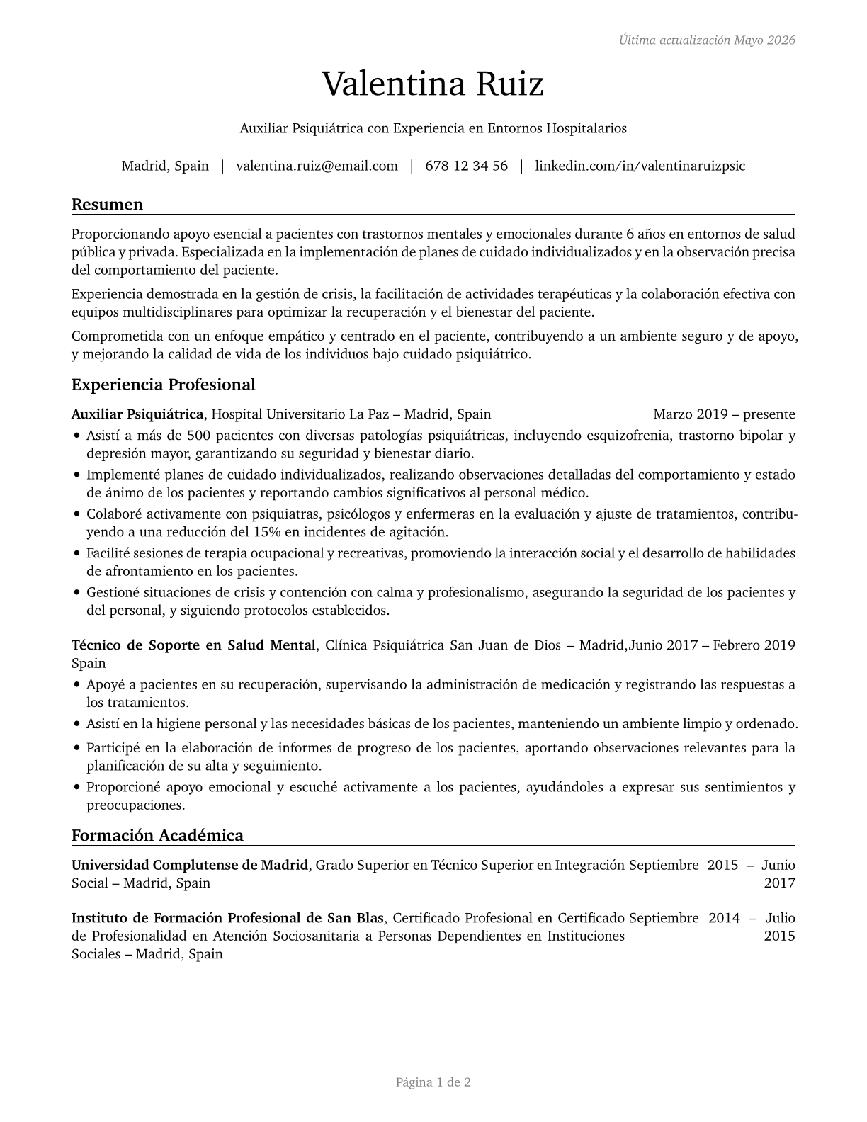 Psychiatric Aides CV in Spanish — page 1