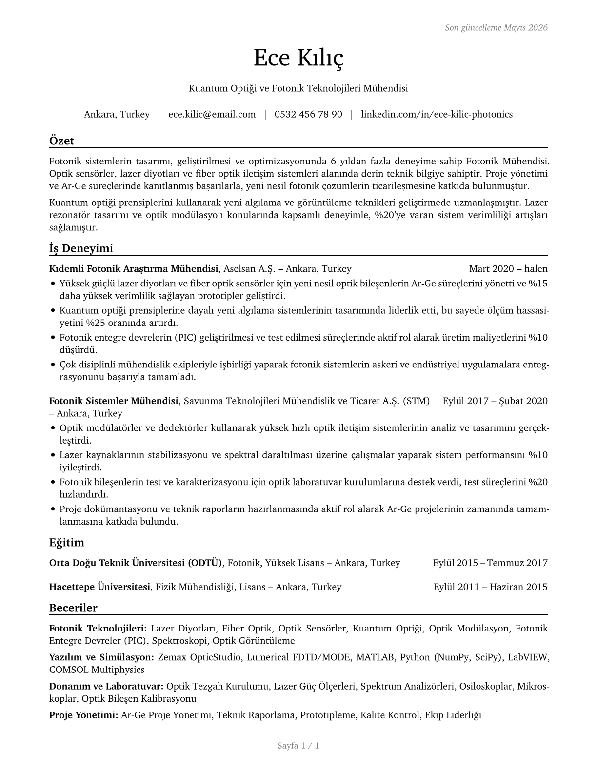 Photonics Engineers CV in Turkish — page 1