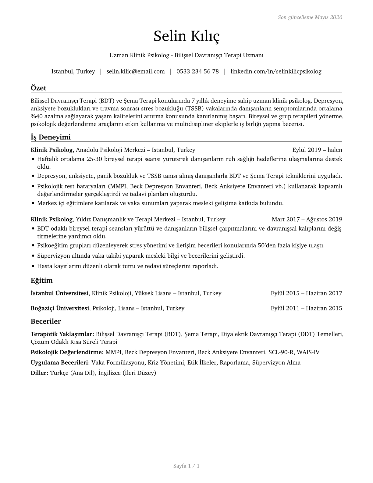 Psychologists, All Other CV in Turkish — page 1