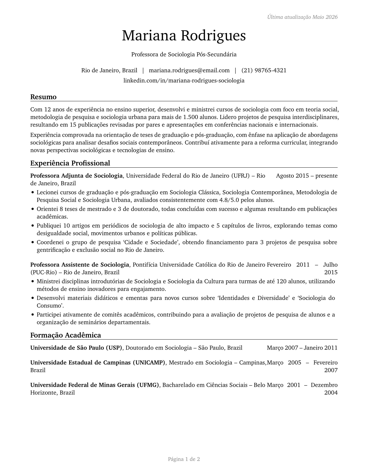 Sociology Teachers, Postsecondary CV in Portuguese — page 1