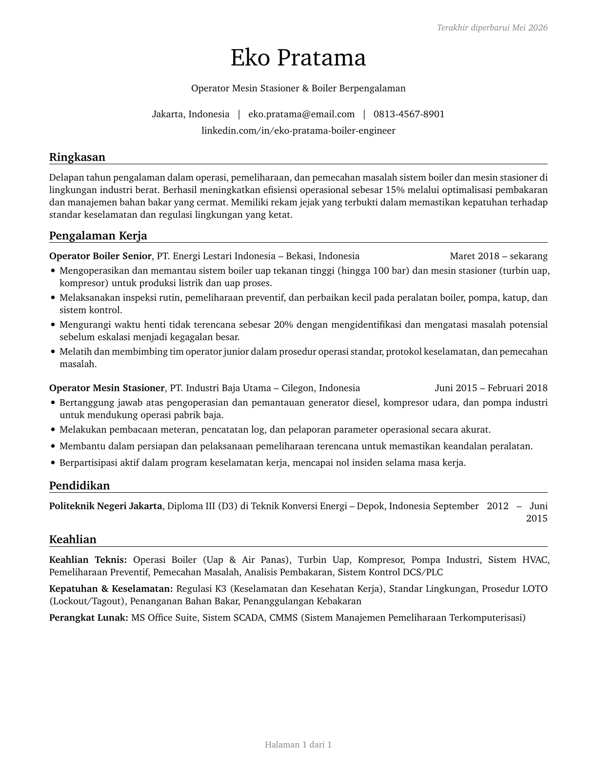 Stationary Engineers and Boiler Operators CV in Indonesian — page 1