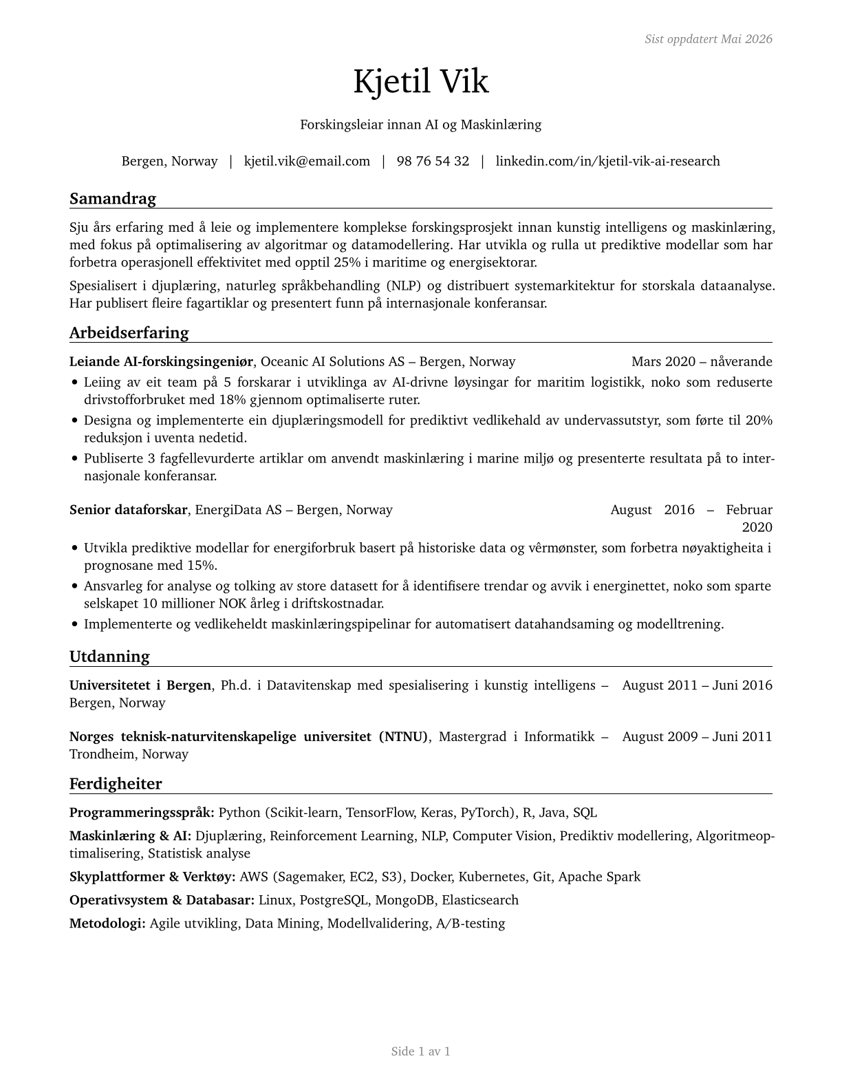 Computer and Information Research Scientists CV in Norwegian_nynorsk — page 1