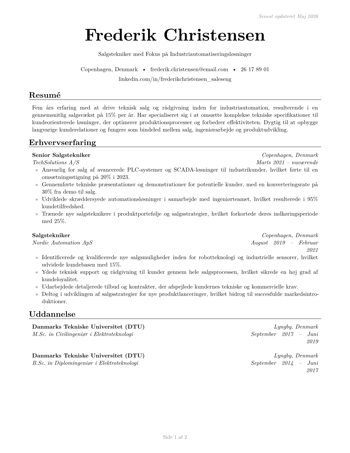 Sales Engineers CV in Danish — page 1