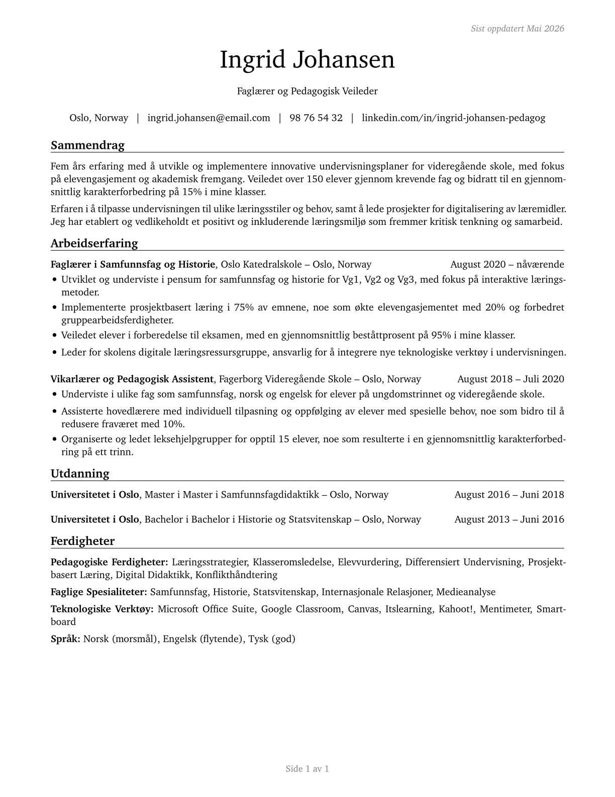 Teachers and Instructors, All Other CV in Norwegian_bokmal — page 1
