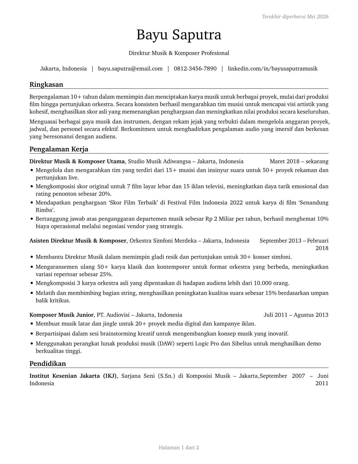 Music Directors and Composers CV in Indonesian — page 1