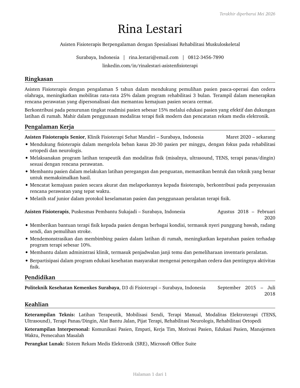 Physical Therapist Assistants CV in Indonesian — page 1