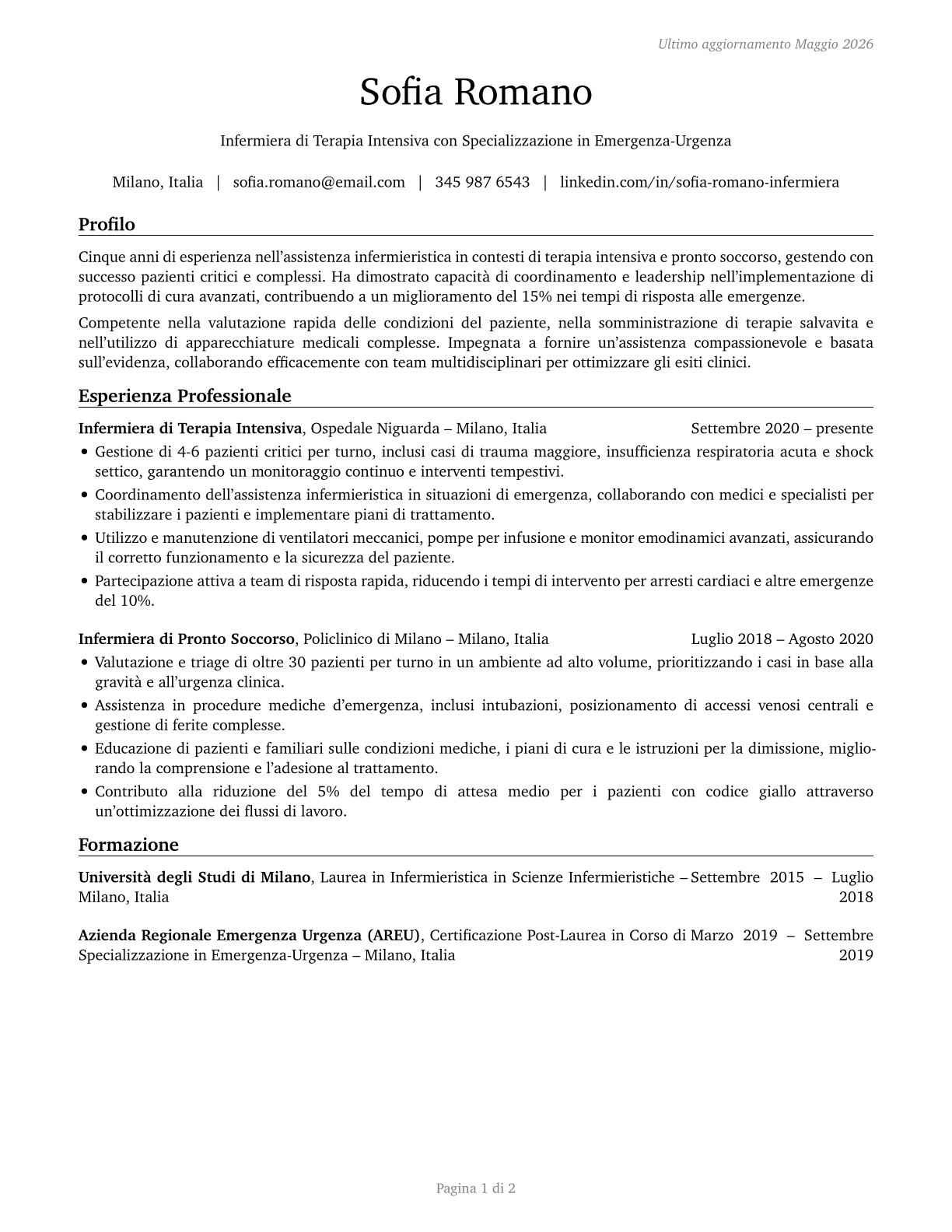 Acute Care Nurses CV in Italian — page 1