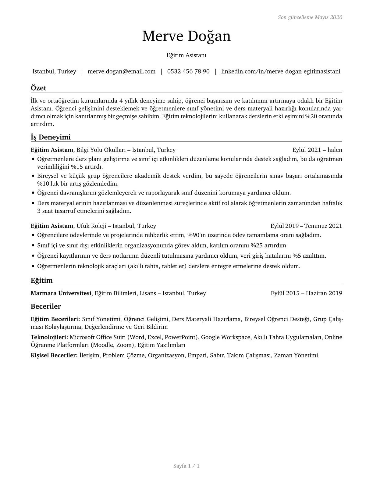 Teaching Assistants, All Other CV in Turkish — page 1