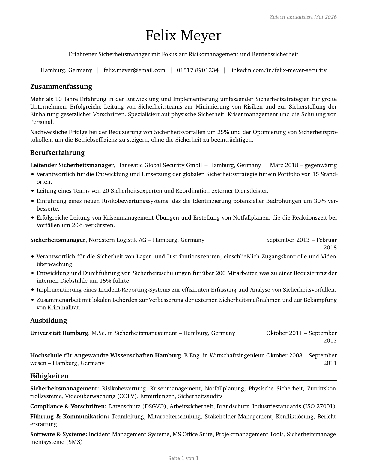 Security Managers CV in German — page 1
