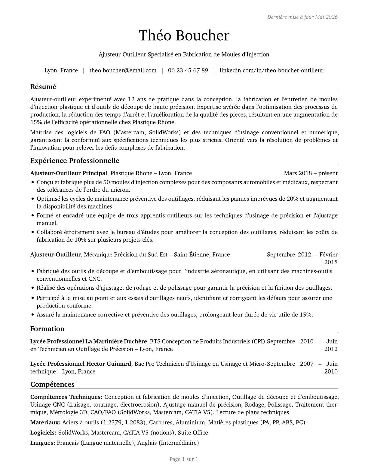 Tool and Die Makers CV in French — page 1