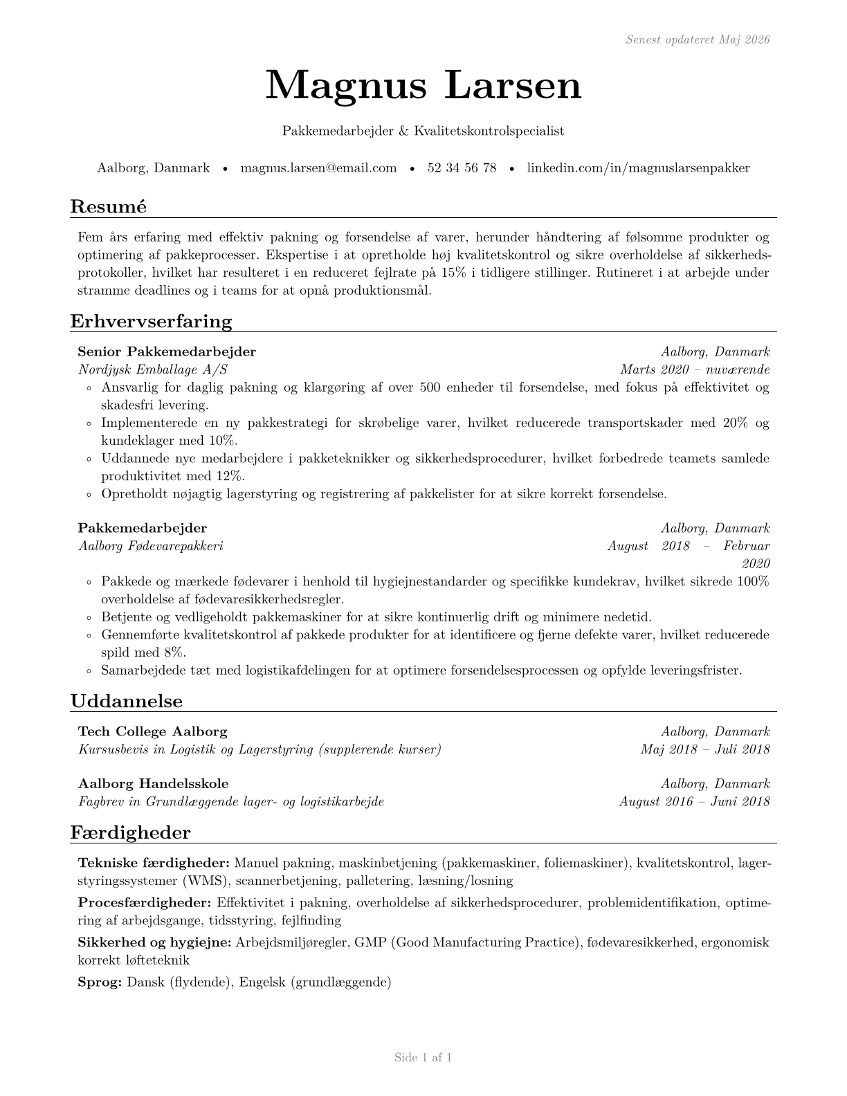 Packers and Packagers, Hand CV in Danish — page 1
