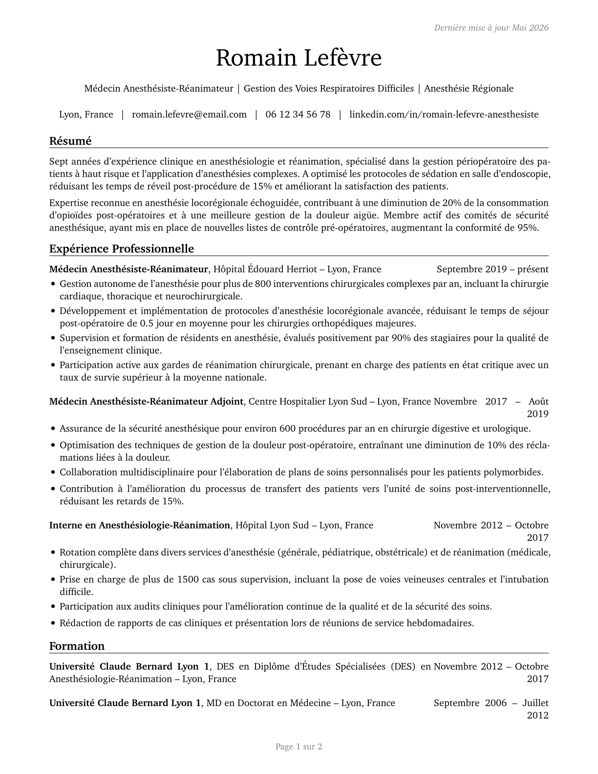 Anesthesiologists CV in French — page 1