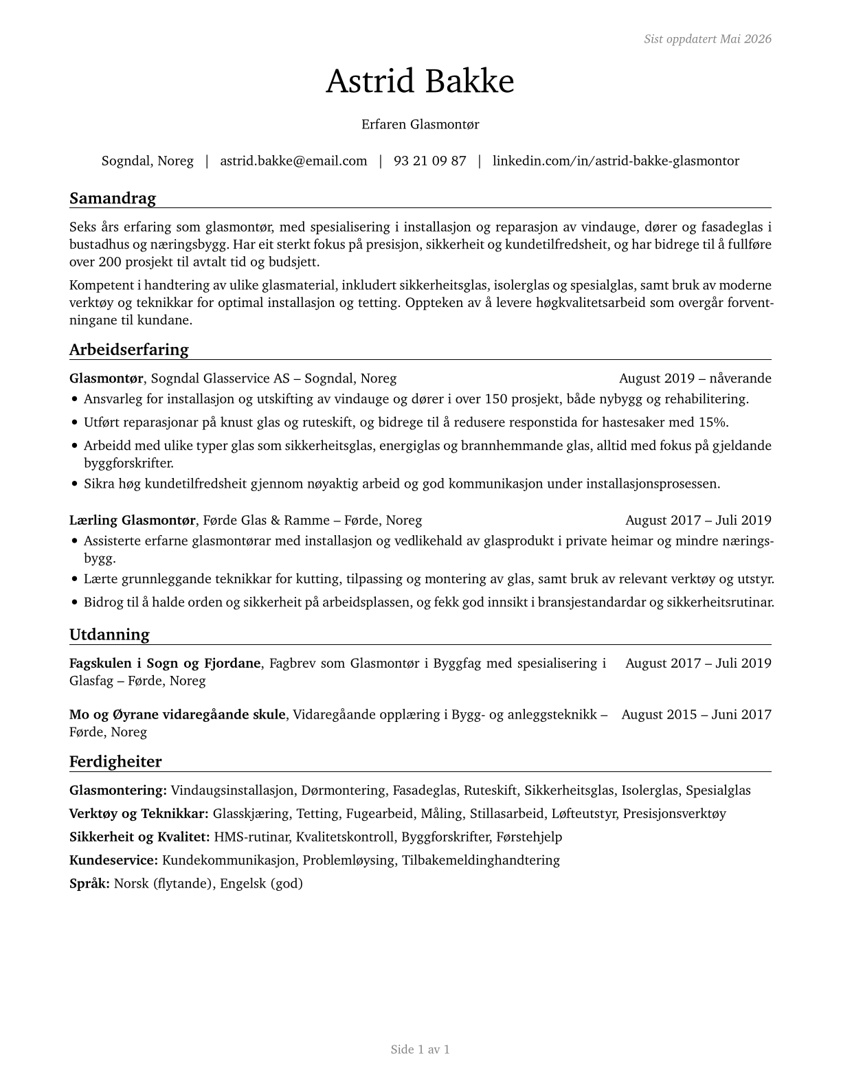 Glaziers CV in Norwegian_nynorsk — page 1