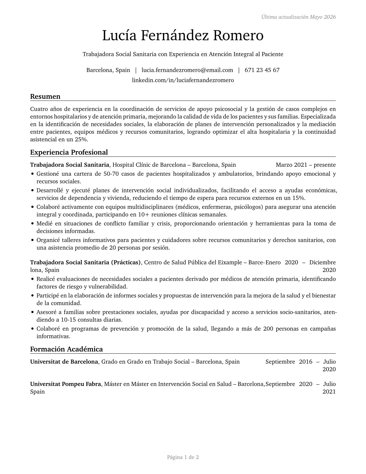 Healthcare Social Workers CV in Spanish — page 1