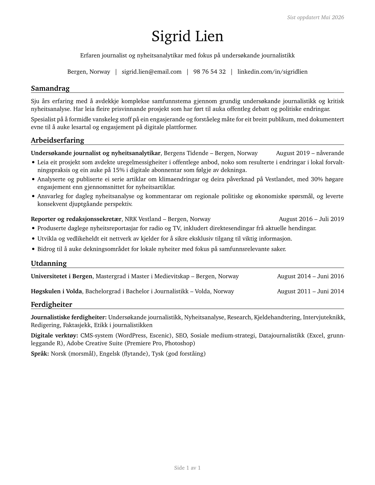 News Analysts, Reporters, and Journalists CV in Norwegian_nynorsk — page 1