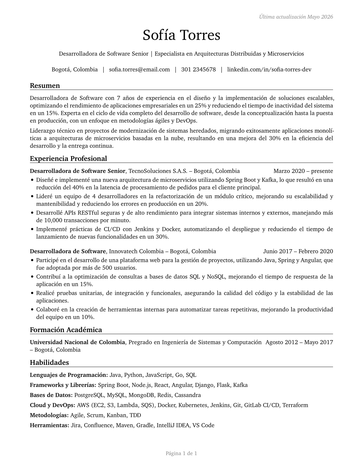 Software Developers CV in Spanish — page 1