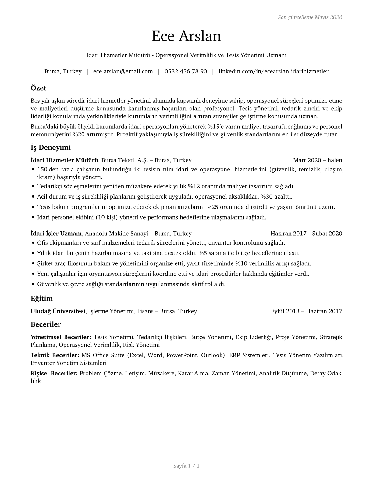 Administrative Services Managers CV in Turkish — page 1