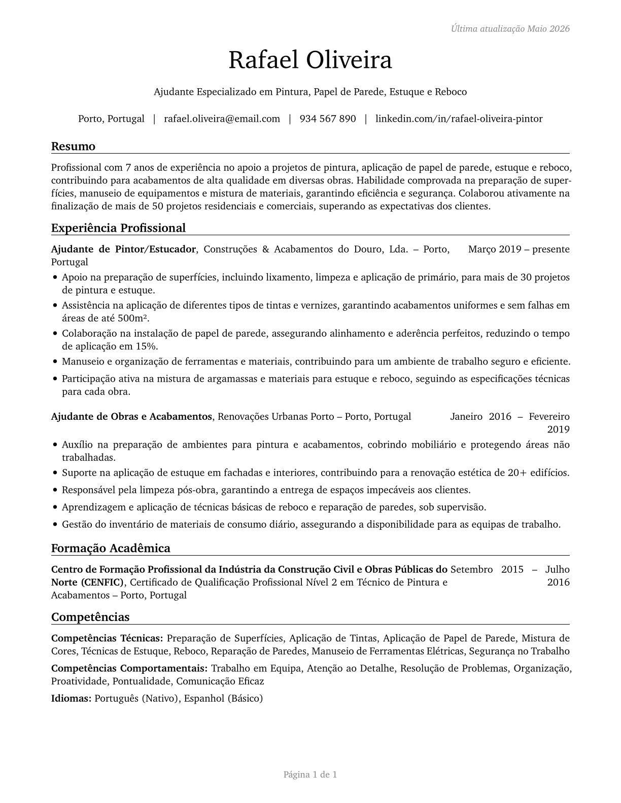 Helpers--Painters, Paperhangers, Plasterers, and Stucco Masons CV in Portuguese — page 1