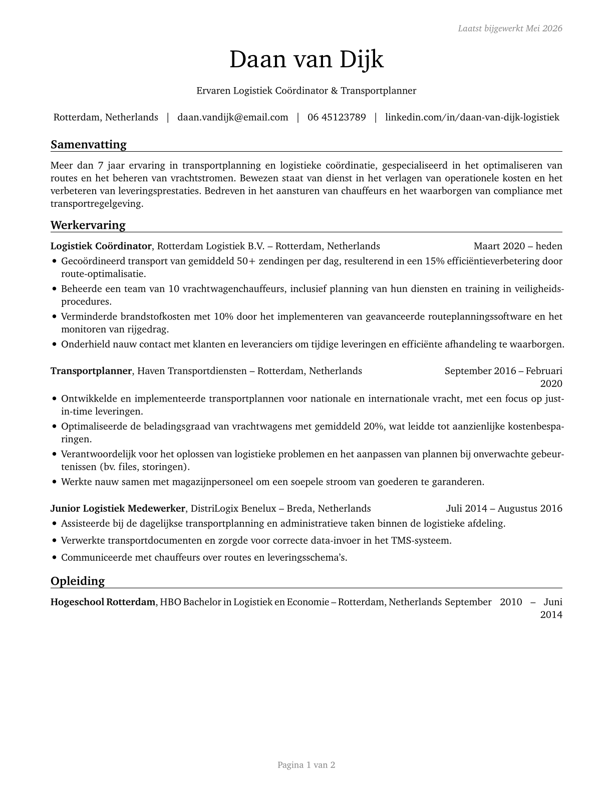 Transportation Workers, All Other CV in Dutch — page 1