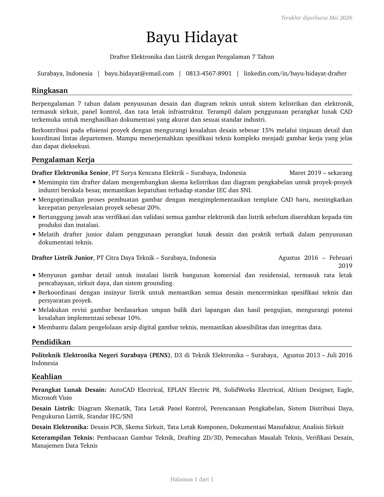 Electrical and Electronics Drafters CV in Indonesian — page 1
